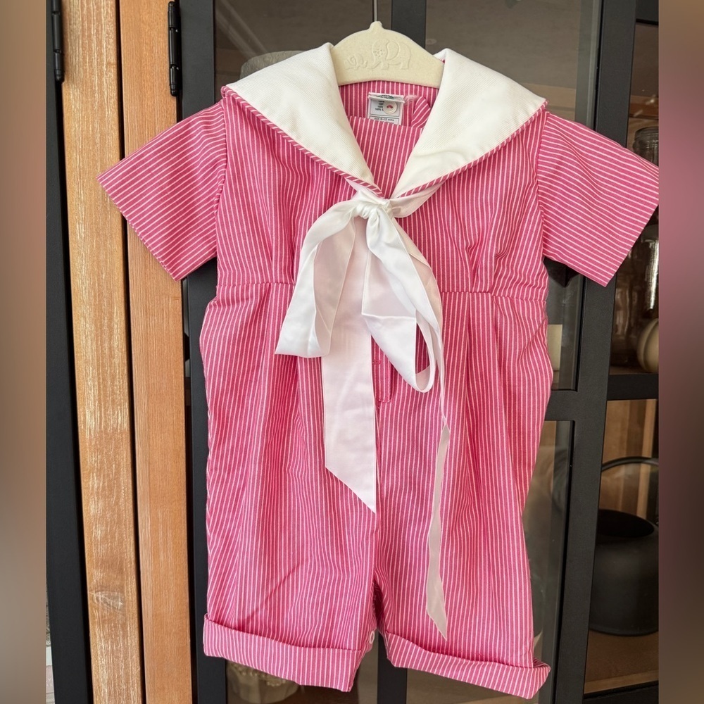 Vintage 80s Laura Ashley baby girl shortall sailor romper bow collar striped